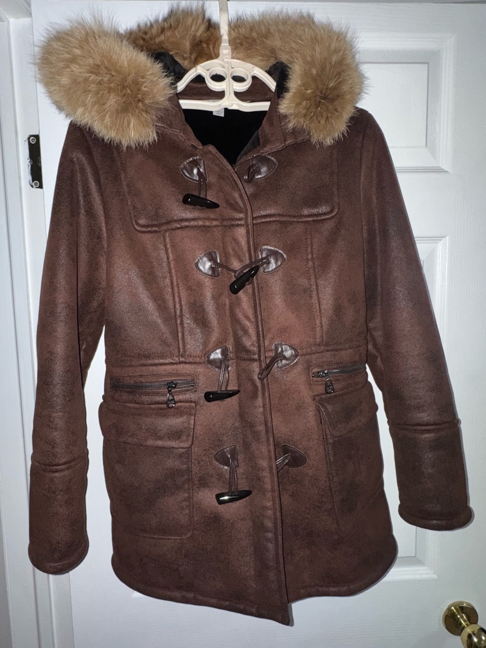 Marc New York Andrew Marc Brown Suede Faux Shearling Coyote Fur Hood Duffle Coat